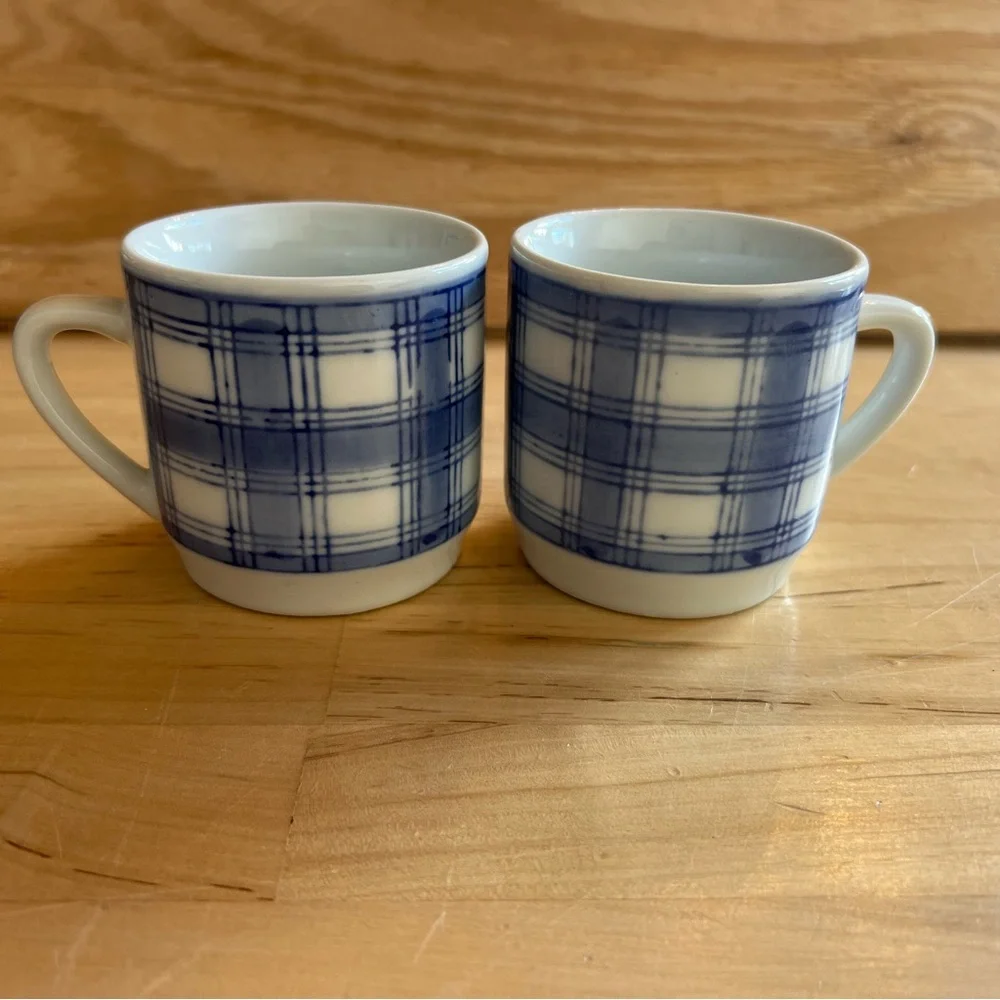 Williams Sonoma set of 2 Blue white Plaid Ceramic Mugs coffee tea cup cottage